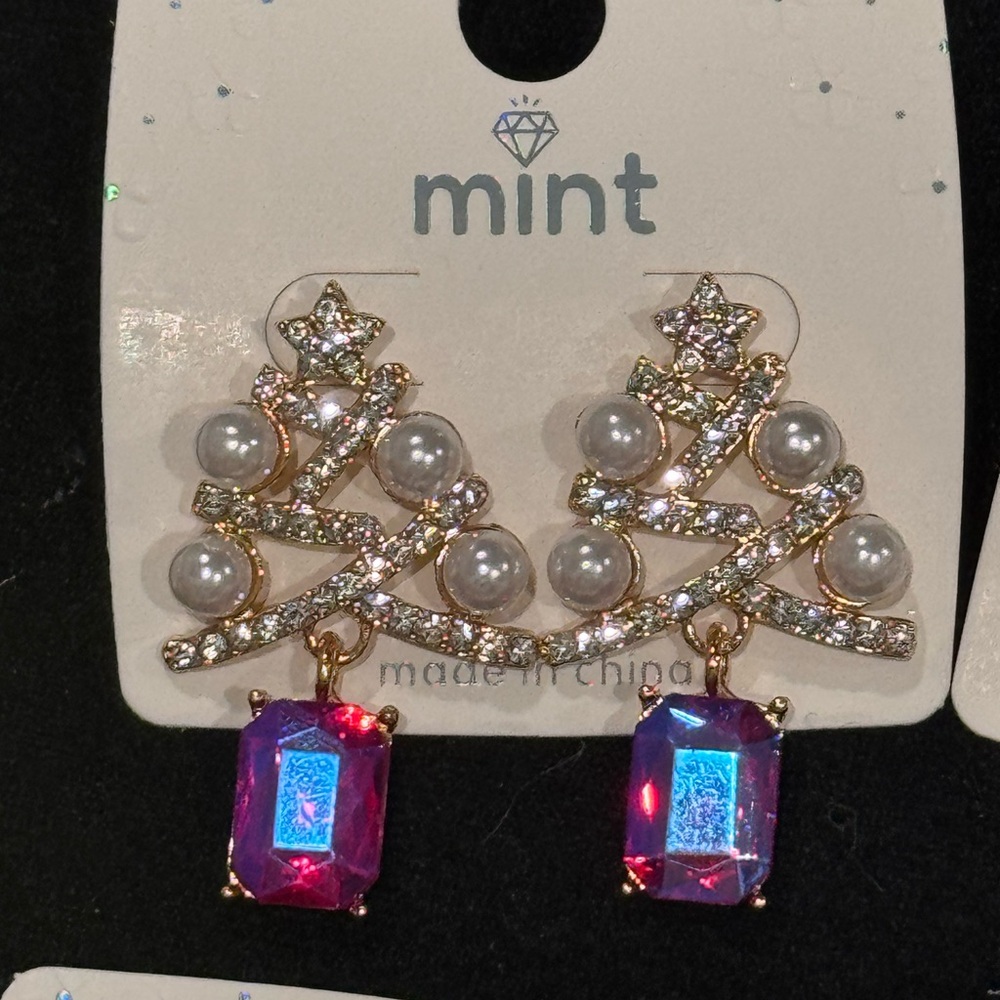 Mint Gold and Fuchsia Gem Christmas Tree Earrings